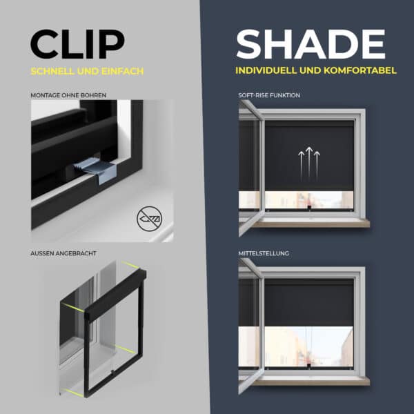 03.ClipShade black - CLIP'N'SHADE - Smartes Aussenrollo für Fenster