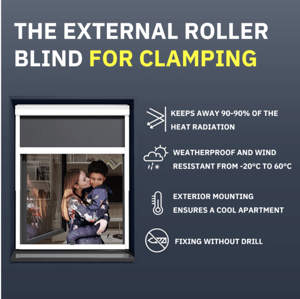 Exterior roller blind to clamp: 90-95% heat radiation protection, weather and wind resistant from -20°C to 60°C, cool apartment due to outdoor installation.