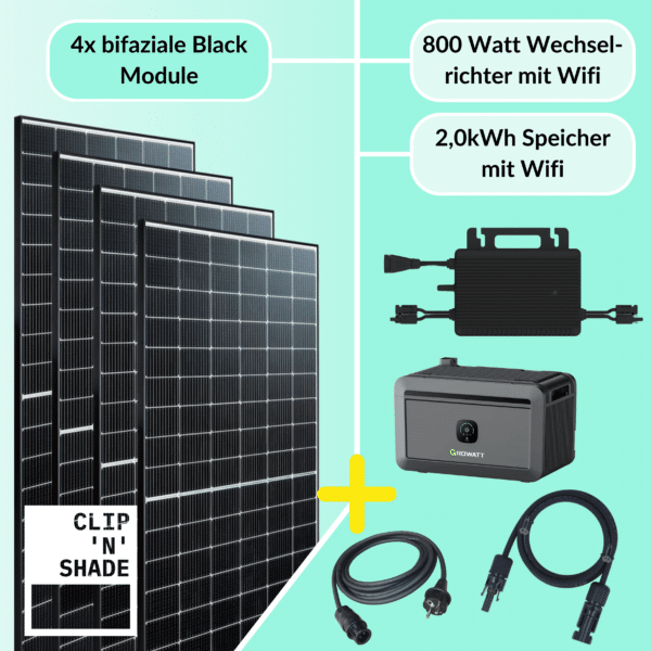 1600W Balkonkraftwerk Set mit 2kWh Growatt Speicher aus Würzburg. 1720Wp Modulleistung mit 800W Hoymiles Wechselrichter inkl. Wifi.