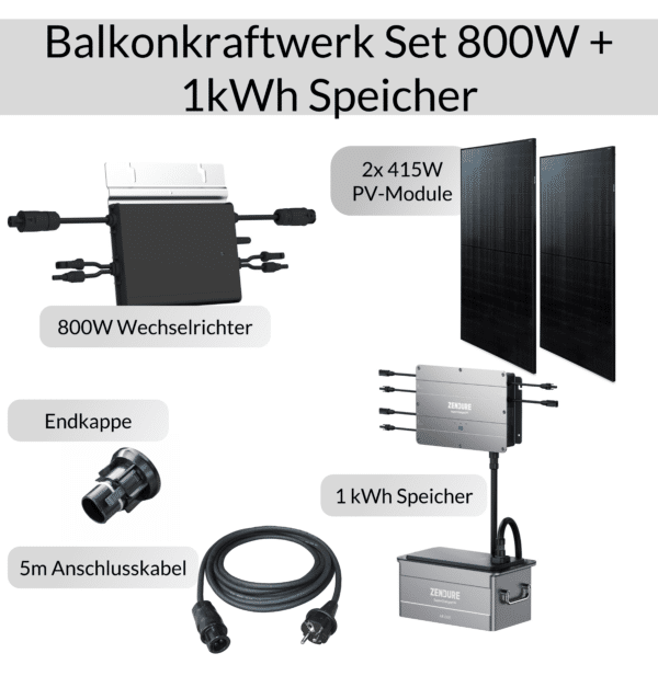 Balkonkraftwerk mit 1kWh Speichersystem, 830W PV-Modulen und Hoymiles HM-800 Wechselrichter inkl. Anschlusskabel