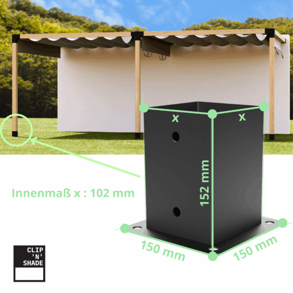Montage et dimensions du pied de poutre pour pergola ou abri de terrasse 100x100 mm