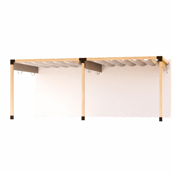 Double pergola patio roof with wall connection and sliding fabric roof 1