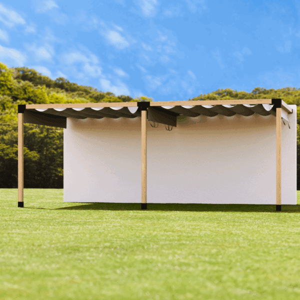 Double pergola patio roof with wall connection and sliding fabric roof 4