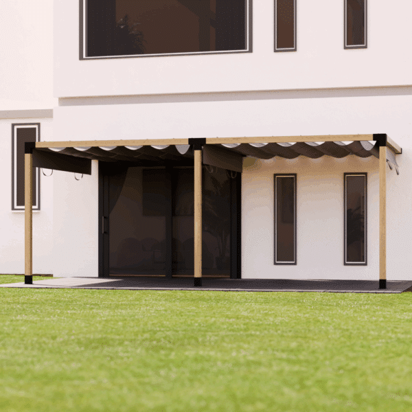 Double pergola patio roof with wall connection and sliding fabric roof 5