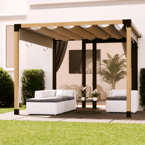 Cubierta de pérgola para patio con conexión a la pared y techo corredizo de tela 2