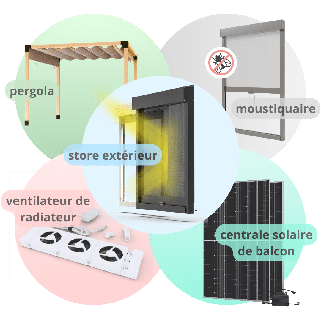 CLIP'N'SHADE Le fournisseur pour un meilleur confort d'habitation et une meilleure efficacité énergétique : stores extérieurs, moustiquaires, ventilateurs de chauffage, centrales électriques pour balcons & pergolas