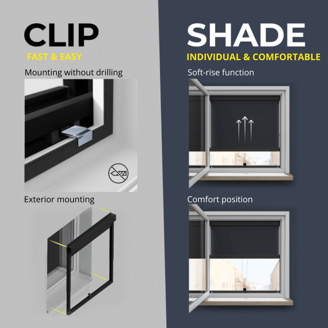 Easy installation without drilling - Clip'n'Shade external roller blind
