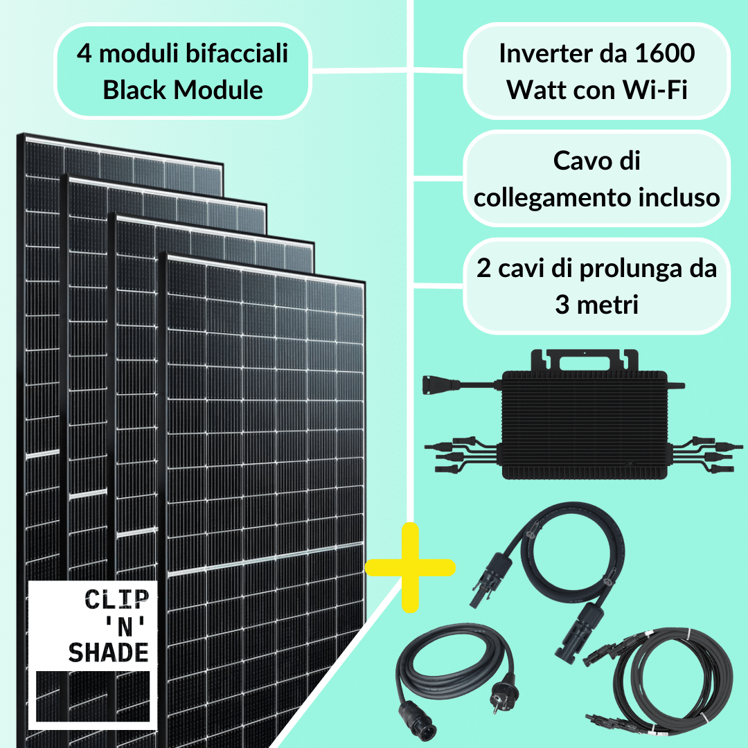 Set di centrali elettriche da balcone da 1600W, composto da un inverter Hoymiles HMS-1600-4T da 1600W e da 4 moduli Full Black da 430Wp con cavo di collegamento e 2 cavi di prolunga da 3m.