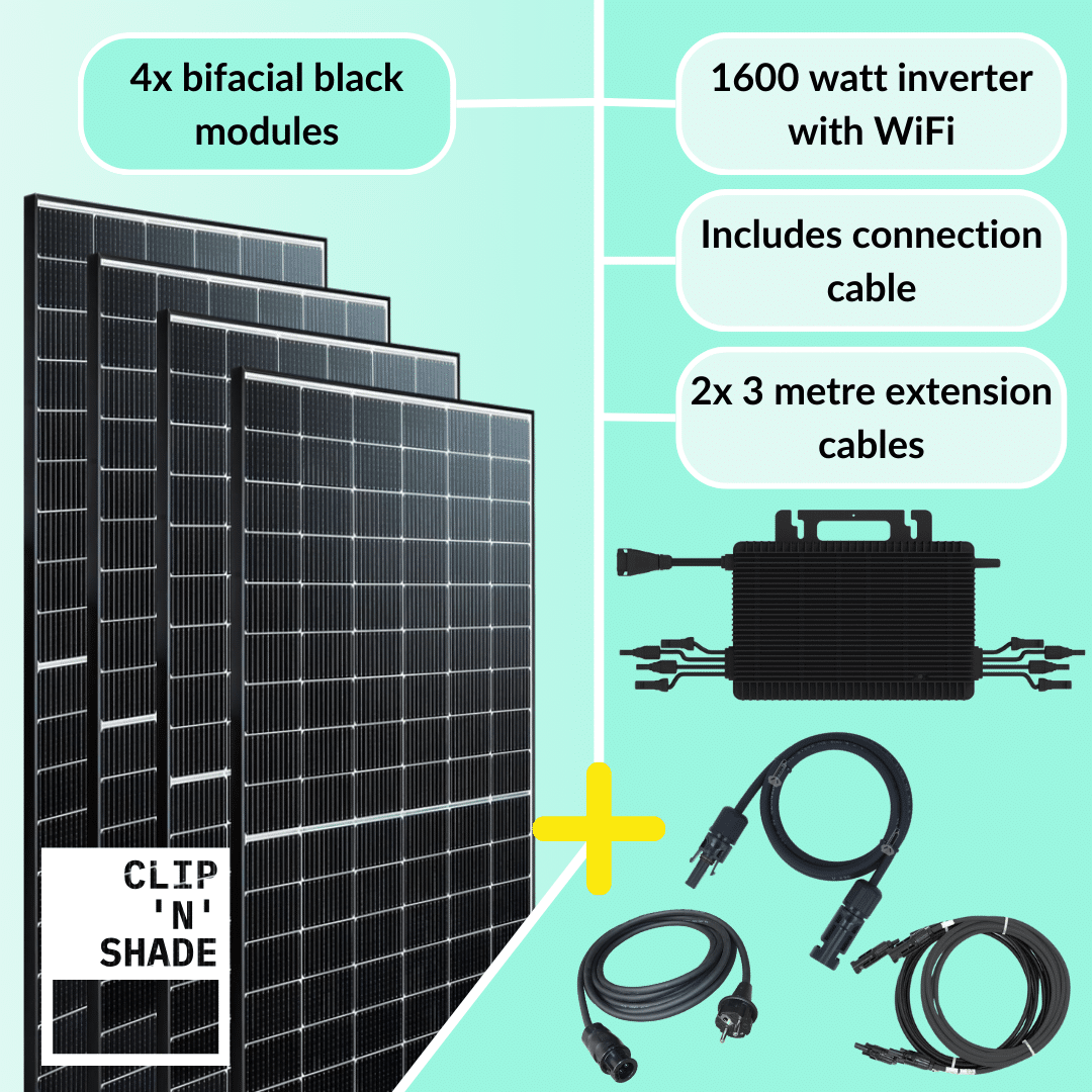 1600W balcony power station set, consisting of 1600W Hoymiles HMS-1600-4T inverter and 4x 430Wp Full Black modules incl. connection cable and 2x 3m extension cable.