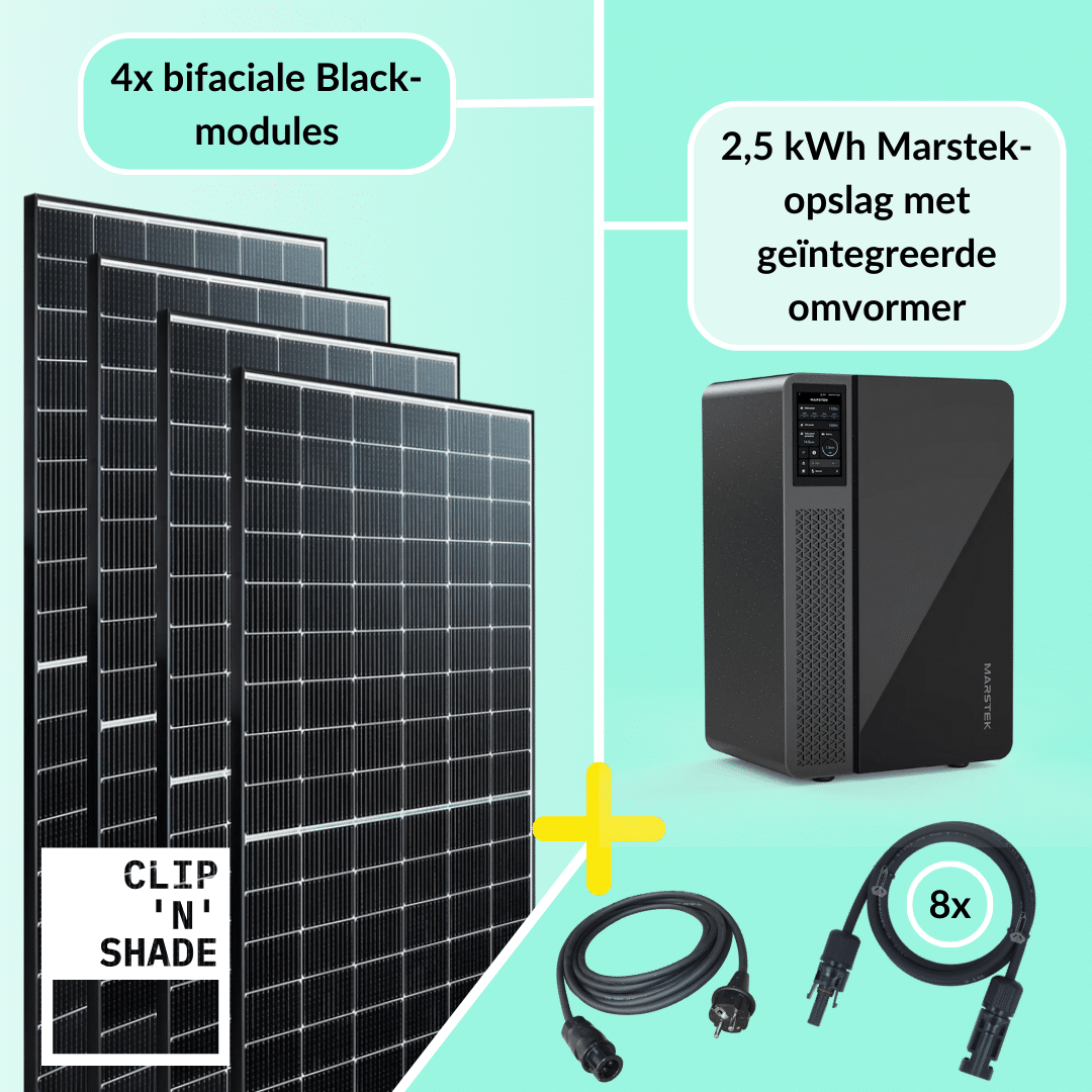 1600W balkoncentrale complete set bestaande uit 4x PV-modules en Marstek opslag met geïntegreerde 800W omvormer.