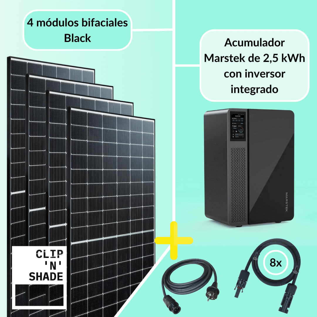 Conjunto completo de central eléctrica de balcón de 1600 W compuesto por 4 módulos fotovoltaicos y acumulador Marstek con inversor integrado de 800 W.