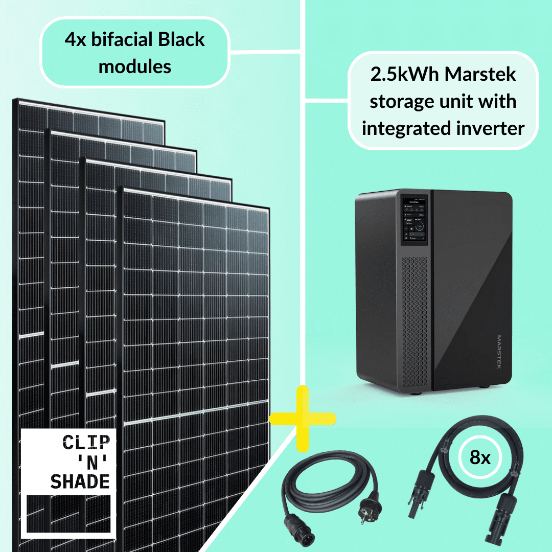 1600W balcony power station complete set consisting of 4x PV modules and Marstek storage with integrated 800W inverter.