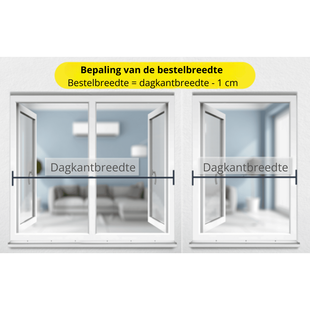 Je kunt de bestelbreedte bepalen door de onthullingsbreedte te meten en daar als veiligheidsmaatregel één centimeter van af te trekken.
