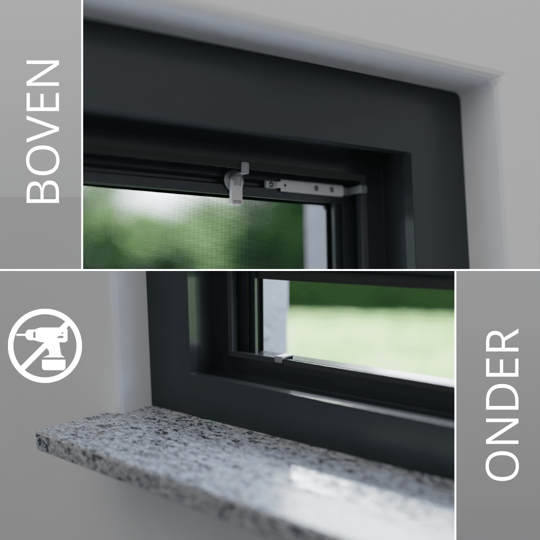 Bevestiging van het insectenrolgordijn zonder boren door middel van een klem in het raamkozijn.