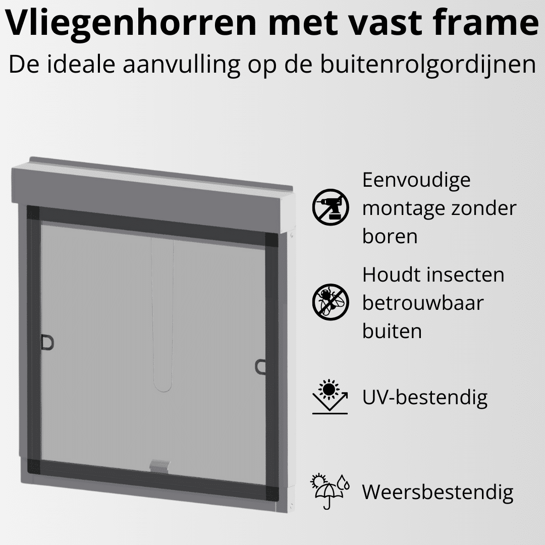 Insectenhor vast frame, aanvulling op buitenrolgordijn, aanbouw, vliegenhor, muggenhor