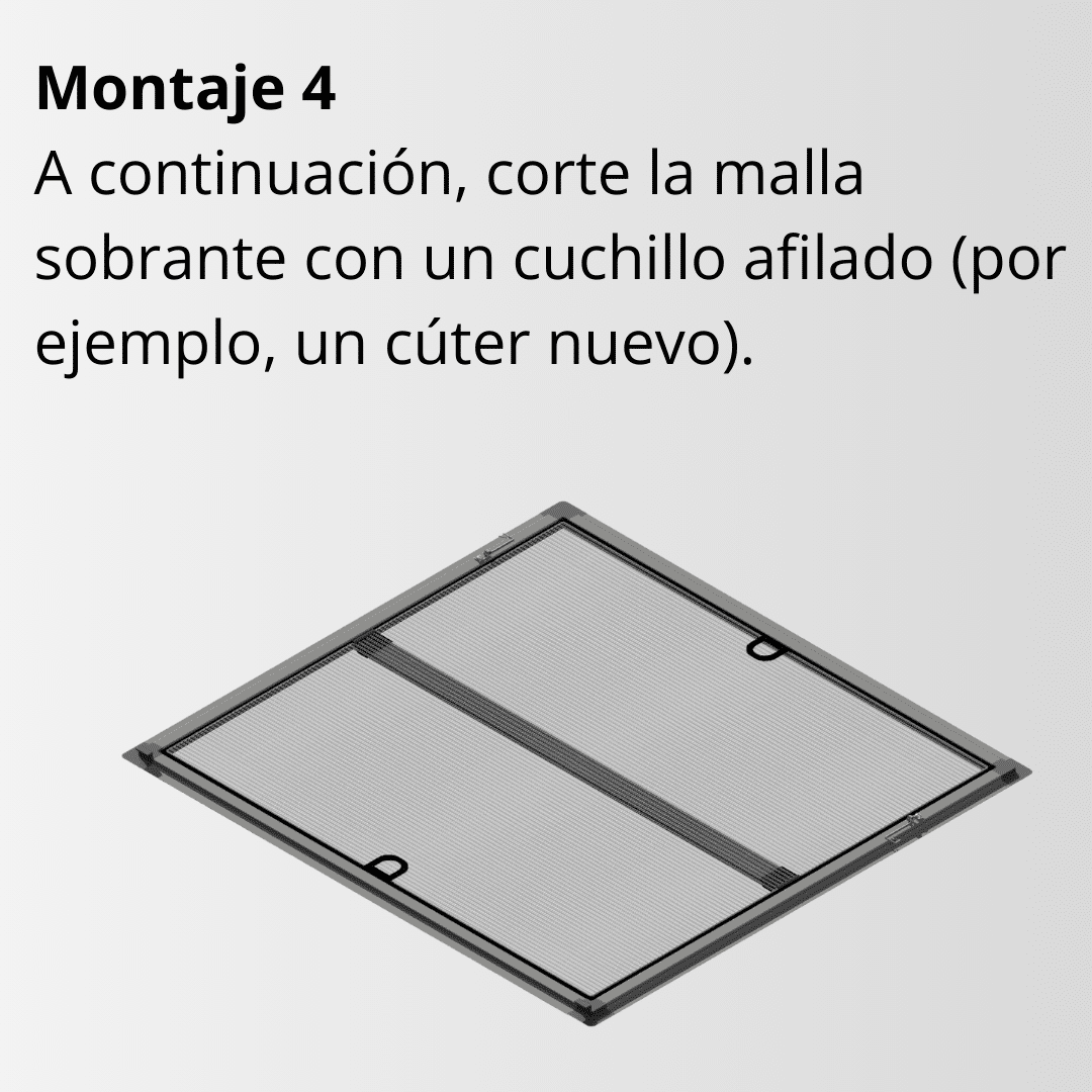 Mosquitera marco fijo, instalación punto 4, cortar mosquitera a medida, instrucciones, instalación