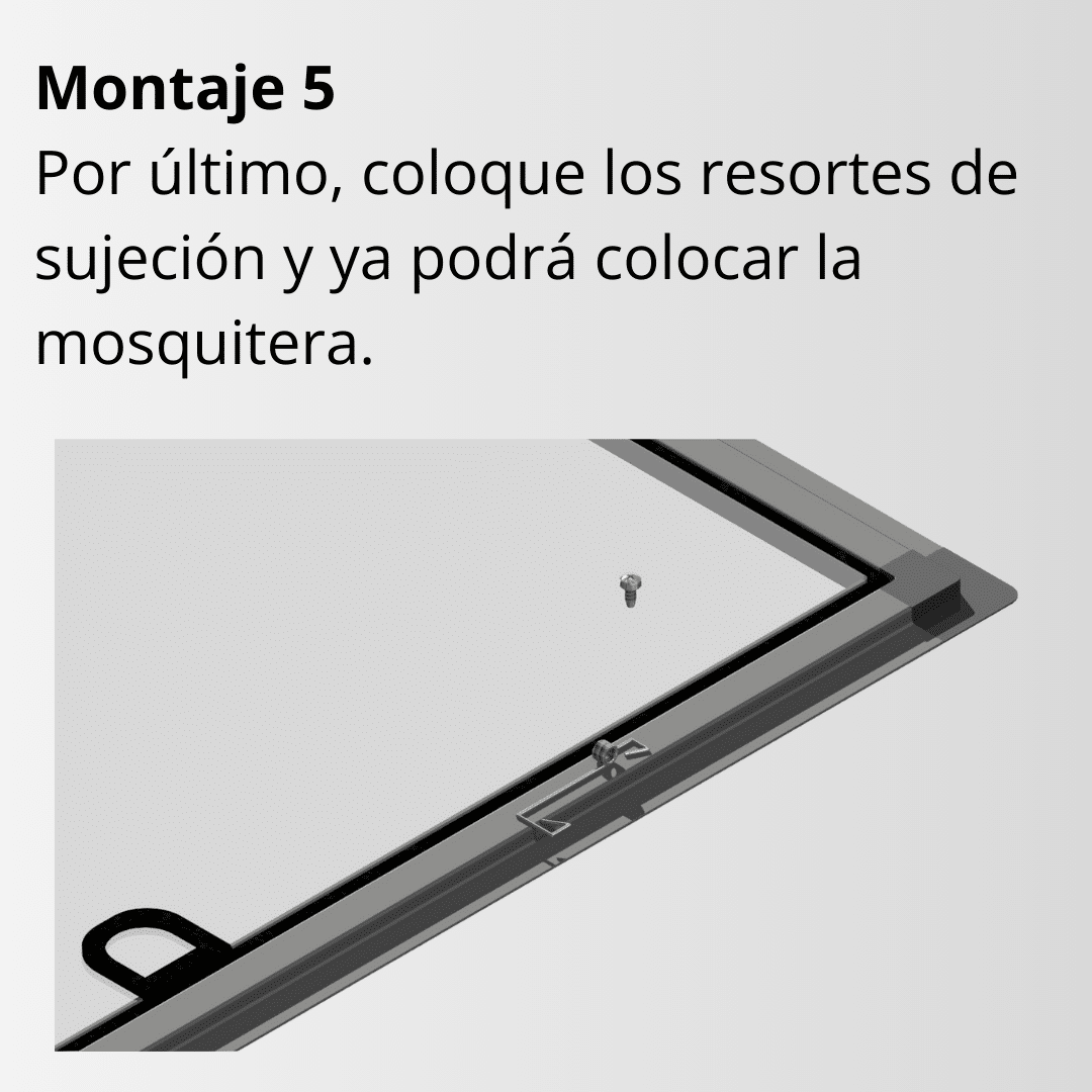Mosquitera marco fijo, punto de montaje 5, instrucciones, muelles de sujeción, mosquitera