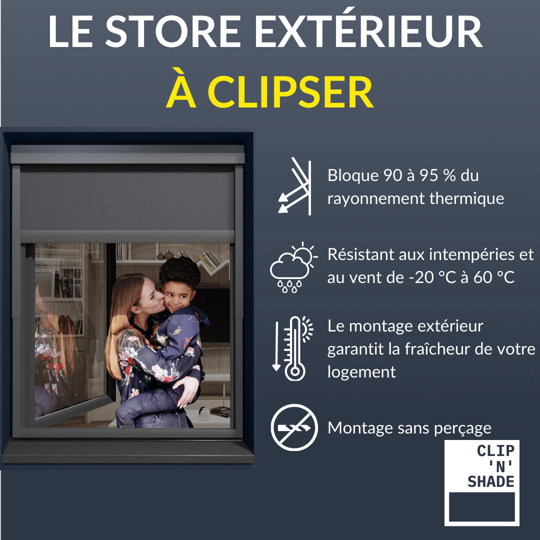 Store extérieur à pincer : 90-95 % protection contre le rayonnement thermique, résistant aux intempéries et au vent de -20°C à 60°C, appartement frais grâce au montage extérieur