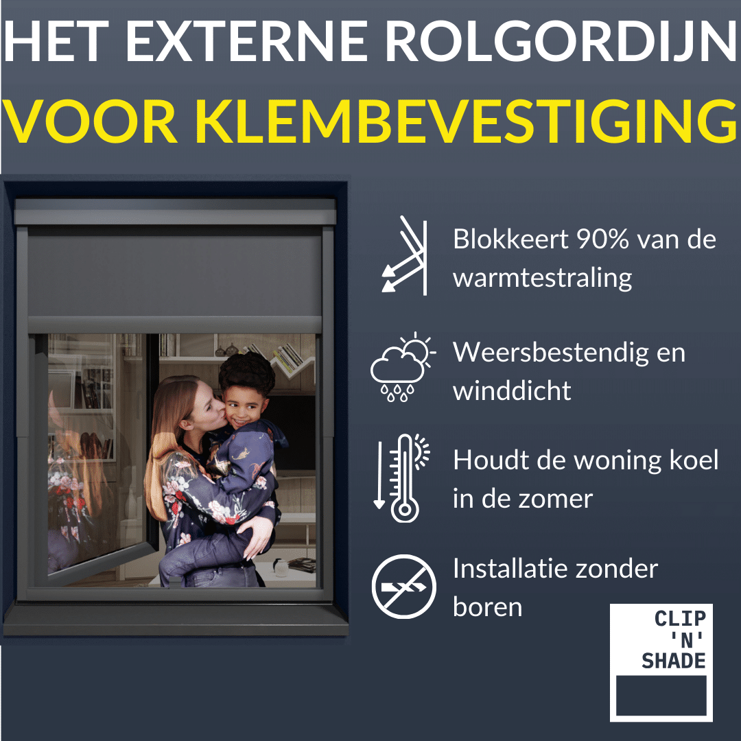 Extern rolgordijn voor klemmen: 90-95 % Bescherming tegen warmtestraling, weer- en windbestendig van -20°C tot 60°C, koel huis dankzij externe installatie