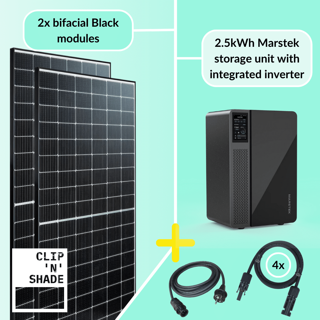 800W balcony power station complete set consisting of 2x PV modules and Marstek storage system with integrated 800W inverter.